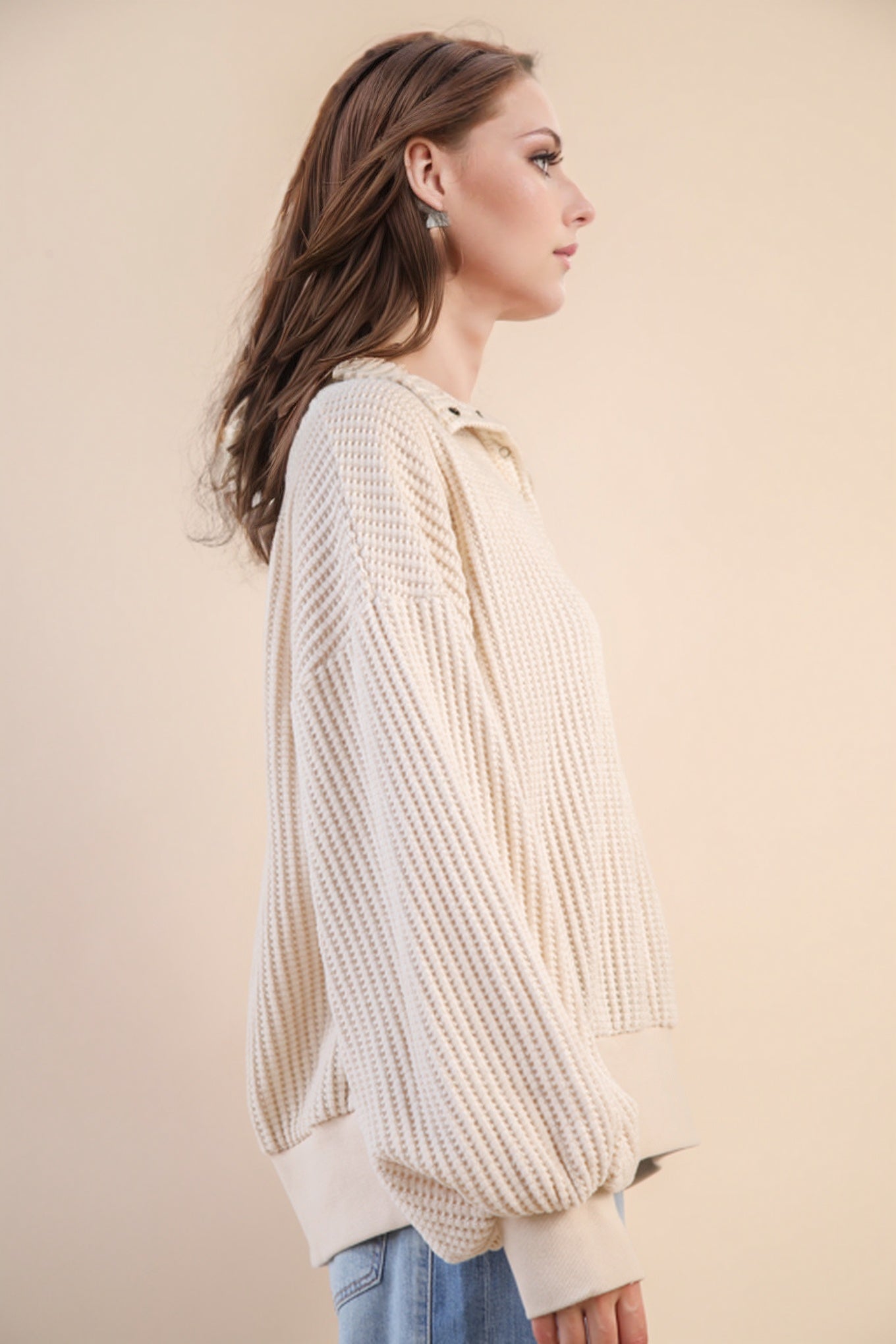 Cream Waffle Knit Snap Pullover