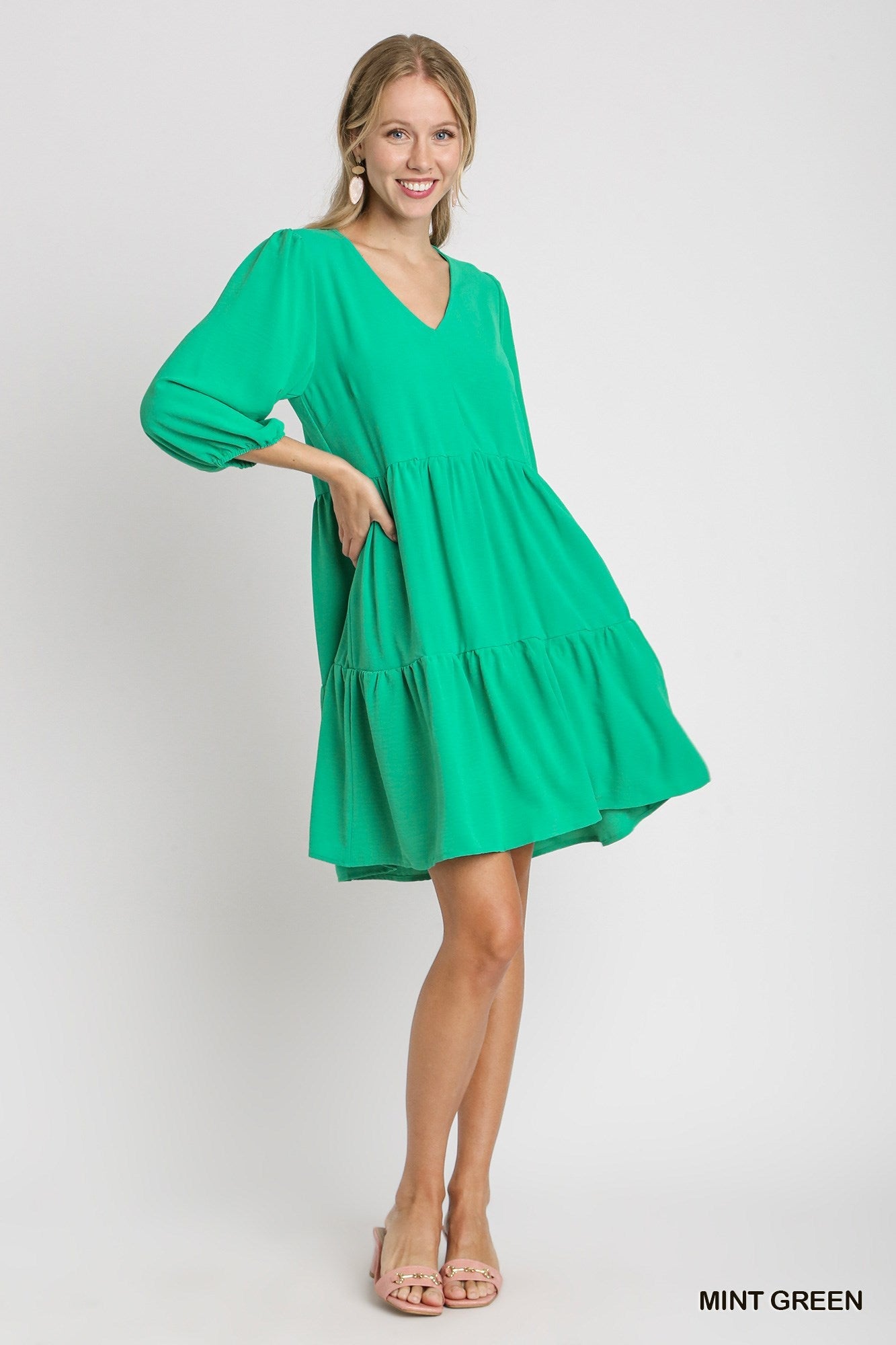 Mint Green V-Neck Tiered Ruffle Mini Dress