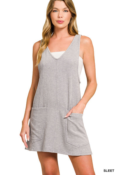 Grey Sleeveless Shift Mini Dress Pockets