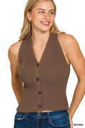 Brown Ribbed Knit Button Up Sweater Vest