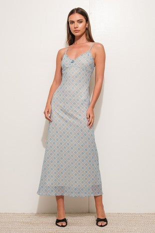 Blue Plaid Sleeveless V-Neck Midi Dress