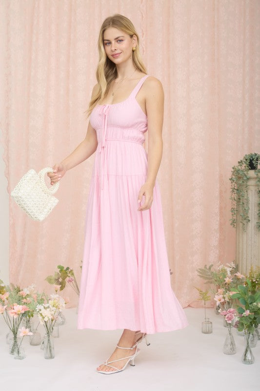 Pink Tiered Pleated Sleeveless Maxi Dress