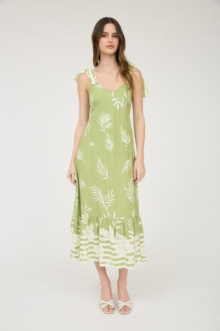 Green Leaf Print Midi Sundress with Ruffled Hem
