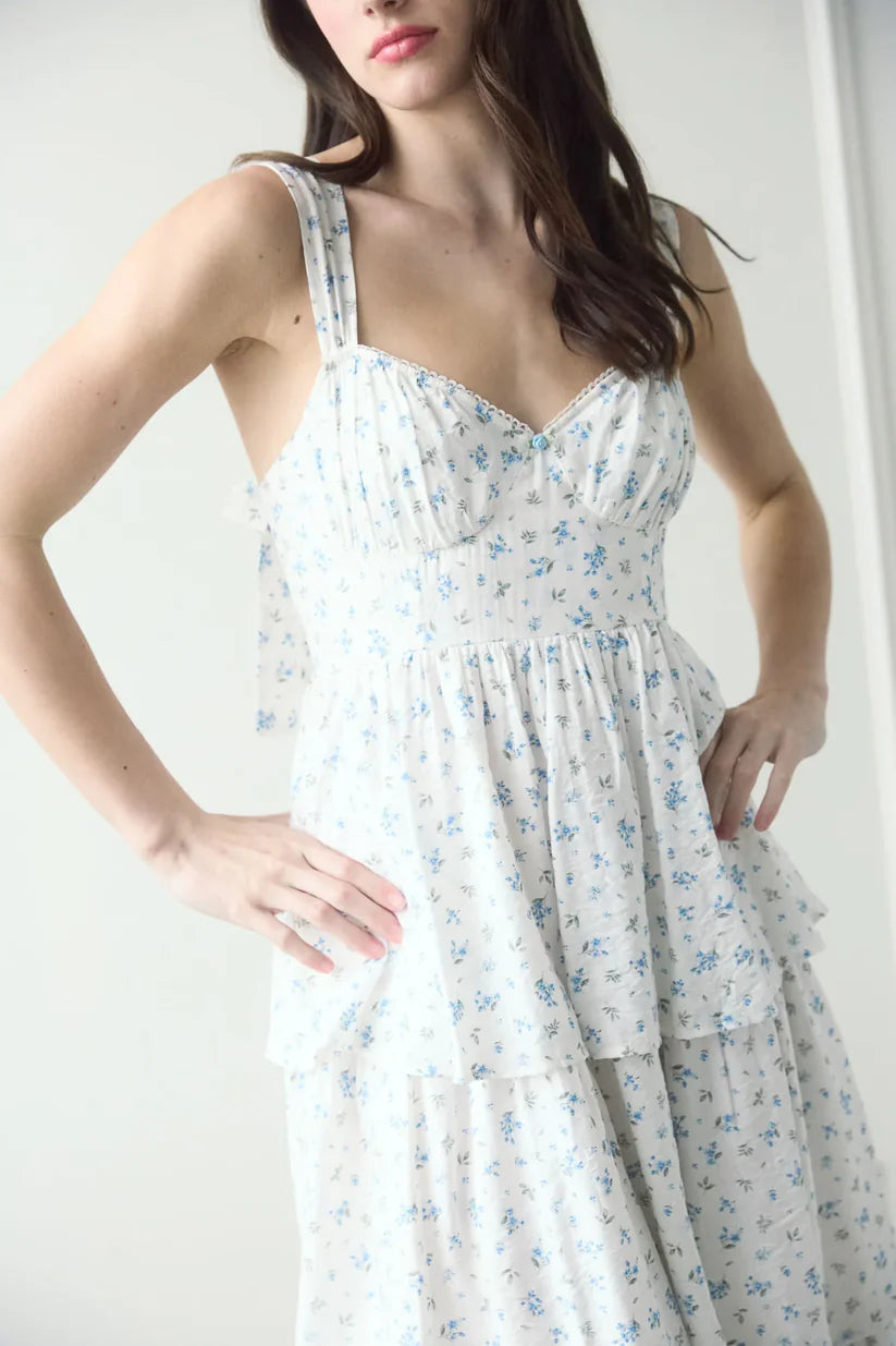 Blue Floral Tiered Maxi Dress