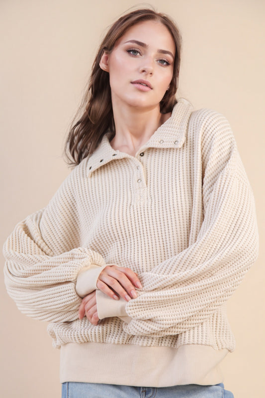 Cream Waffle Knit Snap Pullover