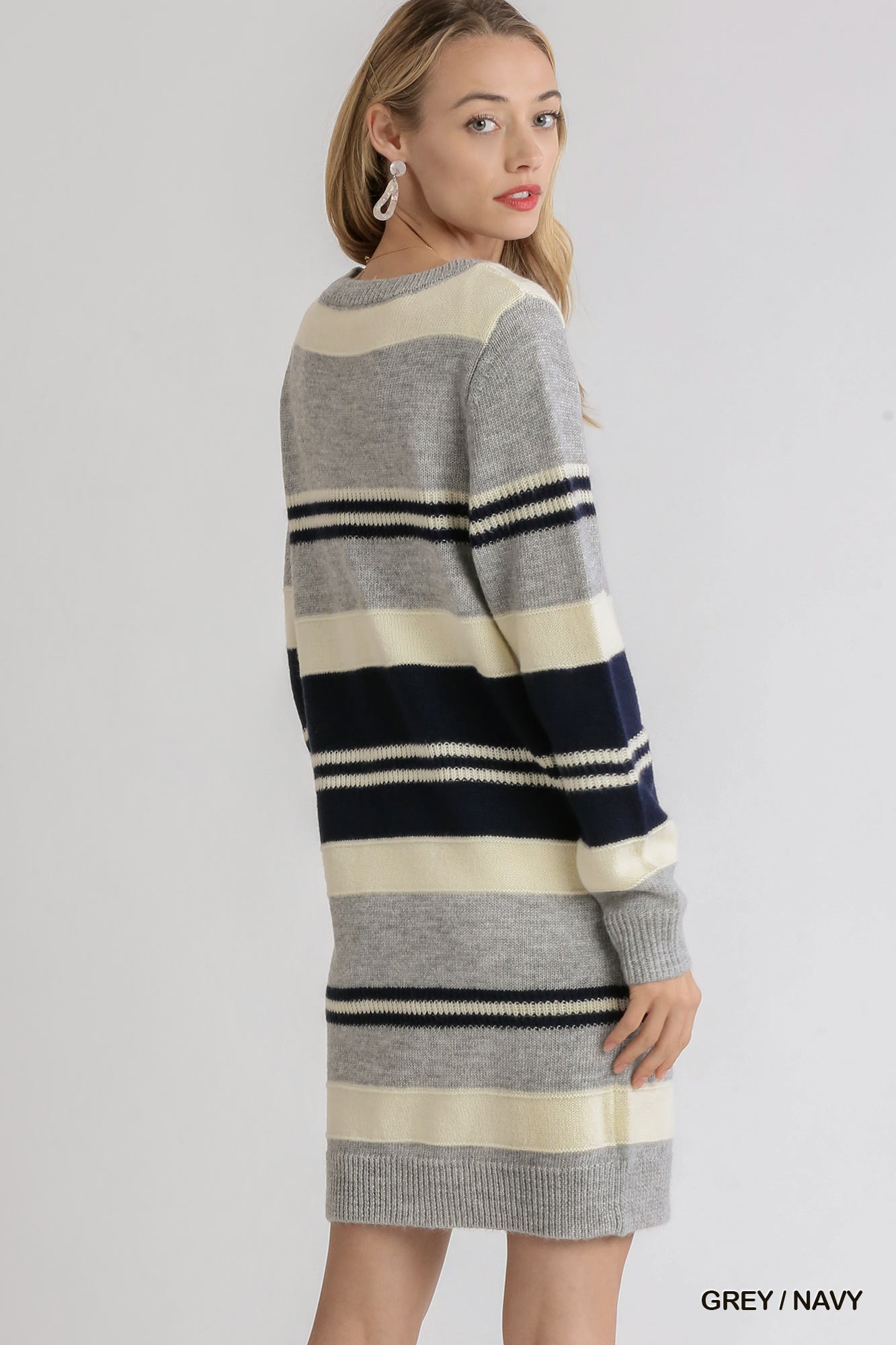 Cozy Striped Sweater Dress – Grey + Navy
