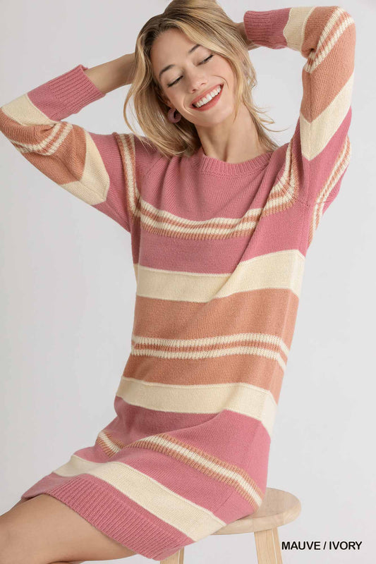 Cozy Striped Sweater Dress – Mauve + Ivory