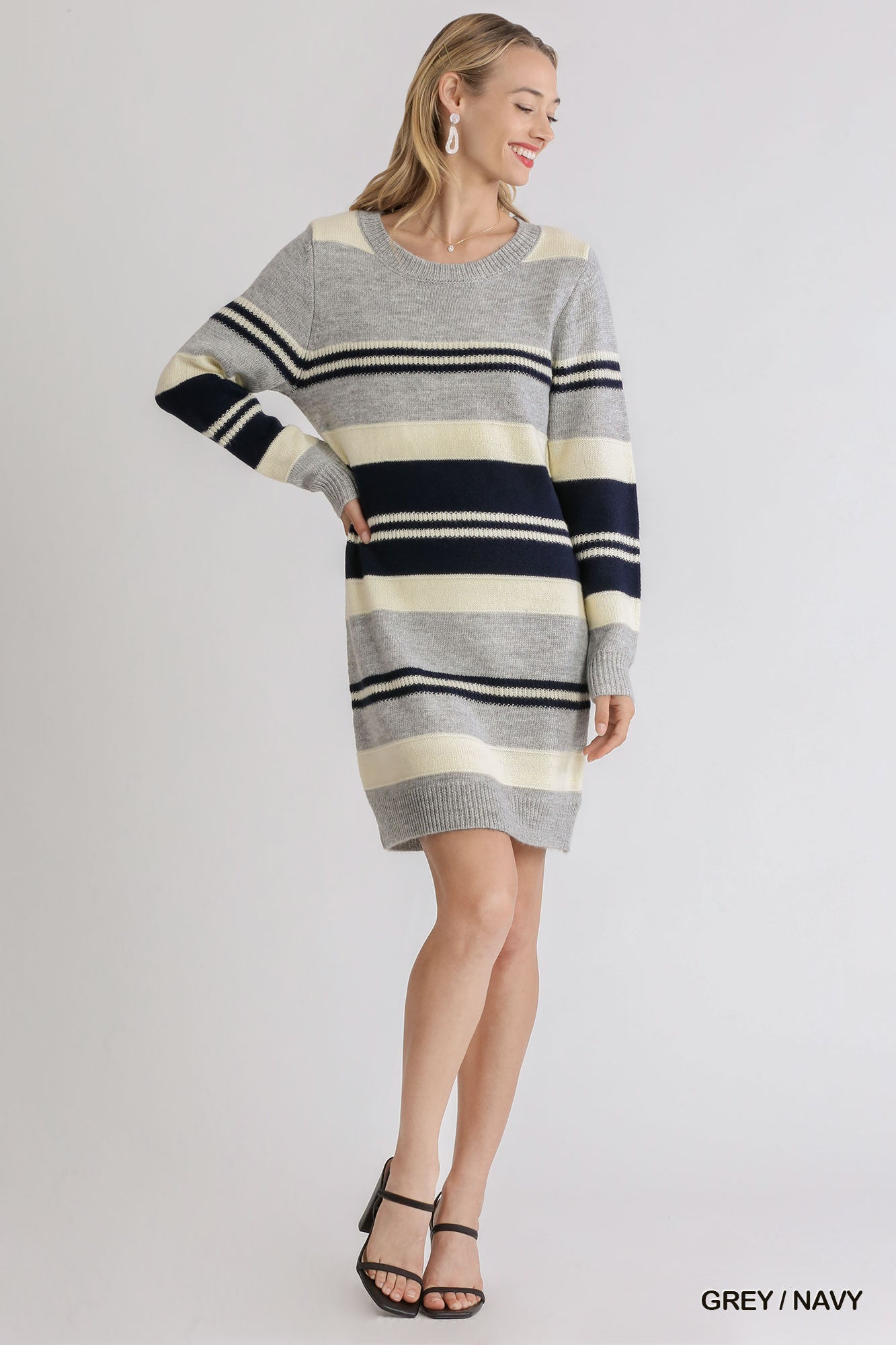 Cozy Striped Sweater Dress – Grey + Navy