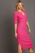 Hot Pink Ribbed Knit V-Neck Midi Dress | Modern Grace Boutique