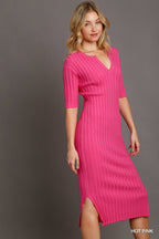 Hot Pink Ribbed Knit V-Neck Midi Dress | Modern Grace Boutique