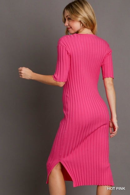 Hot Pink Ribbed Knit V-Neck Midi Dress