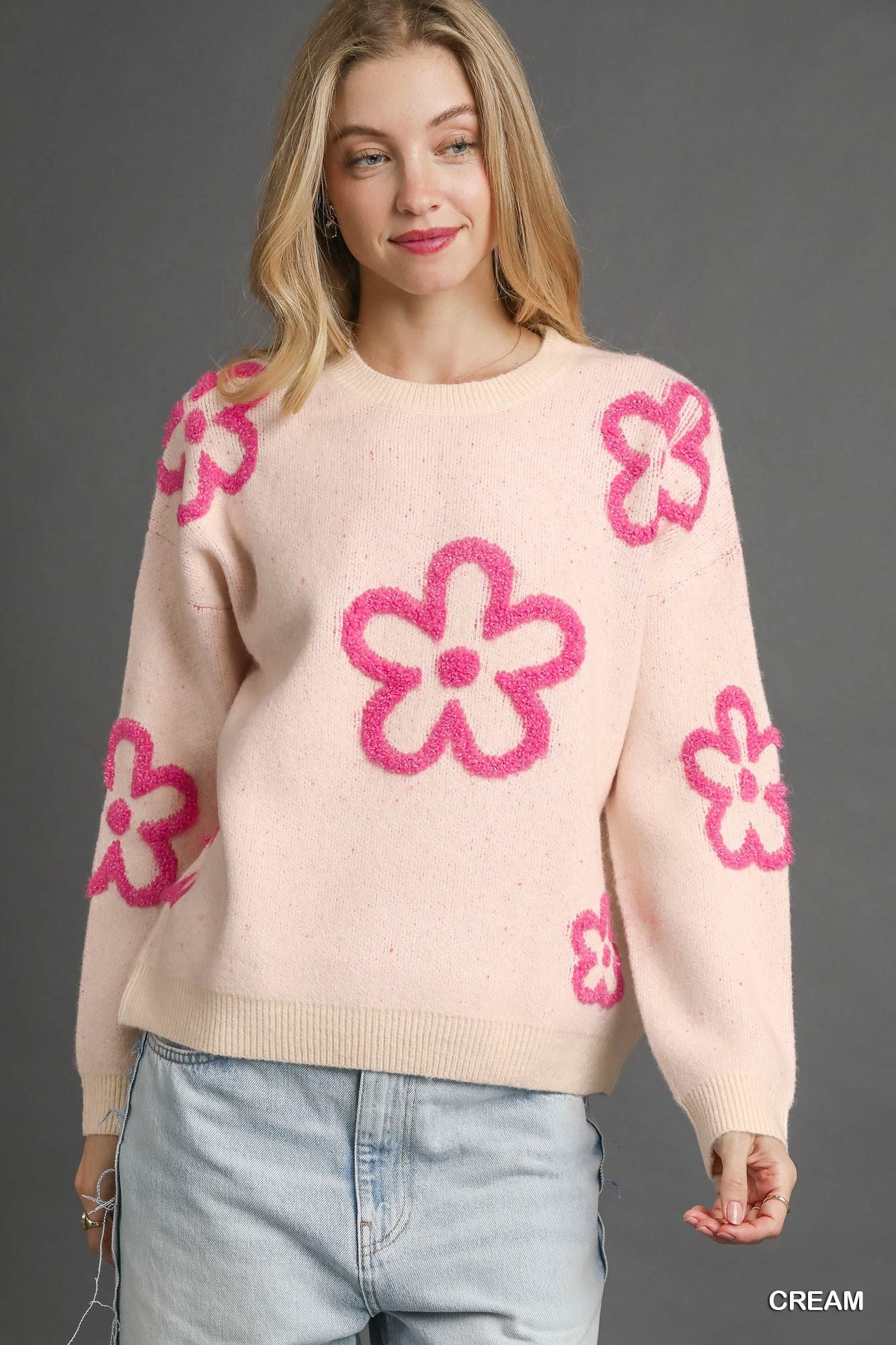 Knit Sweater with Pink Floral Accents