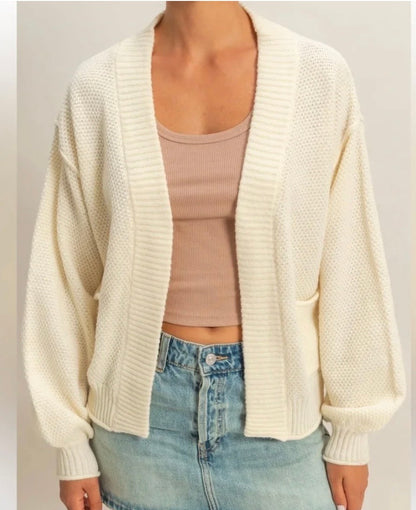 Ivory Textured Balloon Sleeve Cardigan