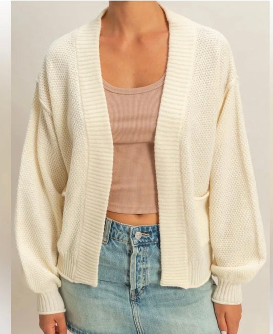 Ivory Textured Balloon Sleeve Cardigan
