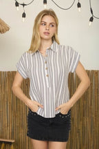 Striped Button Front Short Sleeve Blouse | Modern Grace Boutique