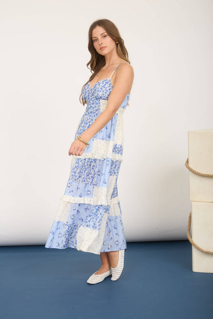 Blue floral dress with lace detail