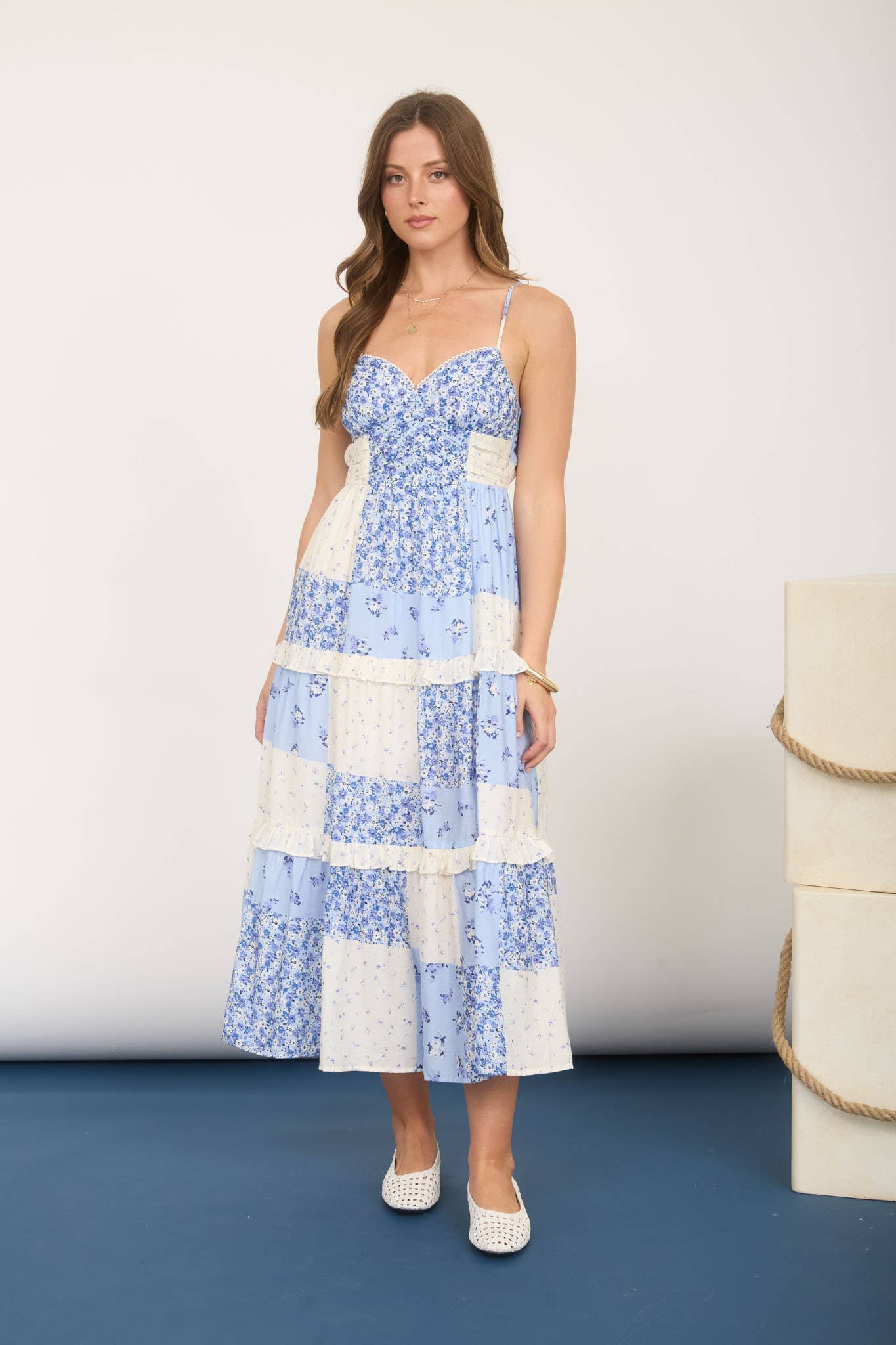 Blue floral dress with lace detail