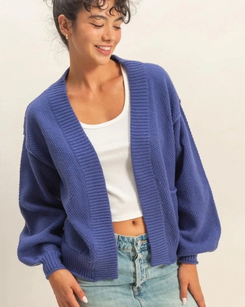 Violet Textured Balloon Sleeve Cardigan