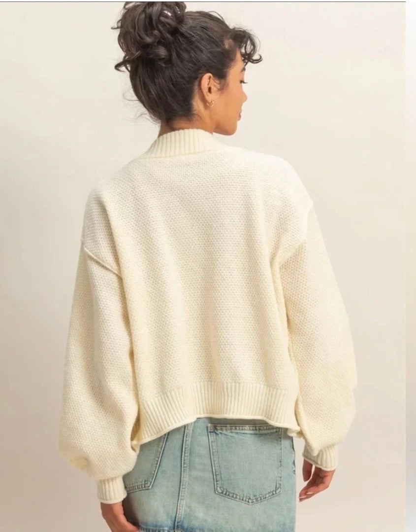 Ivory Textured Balloon Sleeve Cardigan