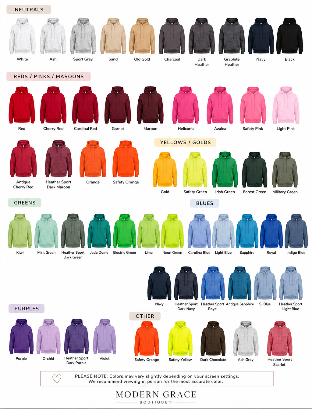 A color chart graphic for the Gildan 18000 Heavy Blend Hooded Sweatshirt by Modern Grace, showing multiple rows of hooded sweatshirts in various colors including neutrals, reds/pinks, yellows/golds, greens, blues, purples, and others, with color labels beneath each group.