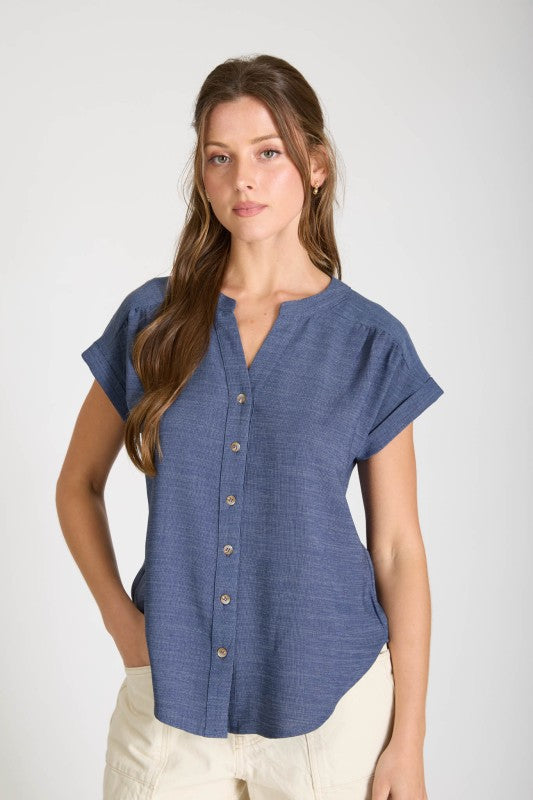 Cuffed Sleeve Button Down Light Weight - Navy