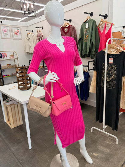 Hot Pink Ribbed Knit V-Neck Midi Dress