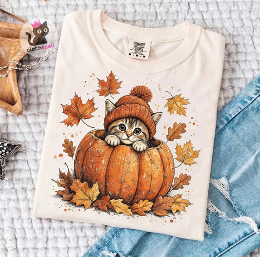 Cozy Fall Cat Pumpkin Shirt | Autumn Pumpkin Patch Tee