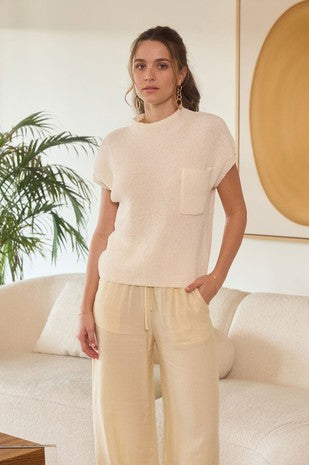 Cream Knit Cap Sleeve Pocket Top