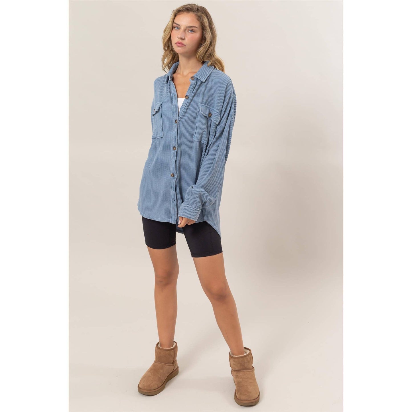 Blue Ribbed Corduroy Oversized Button Down Shacket
