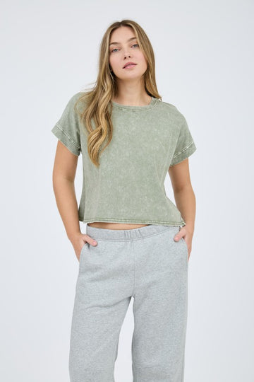 Round neck Acid Wash Crop Tee – Sage