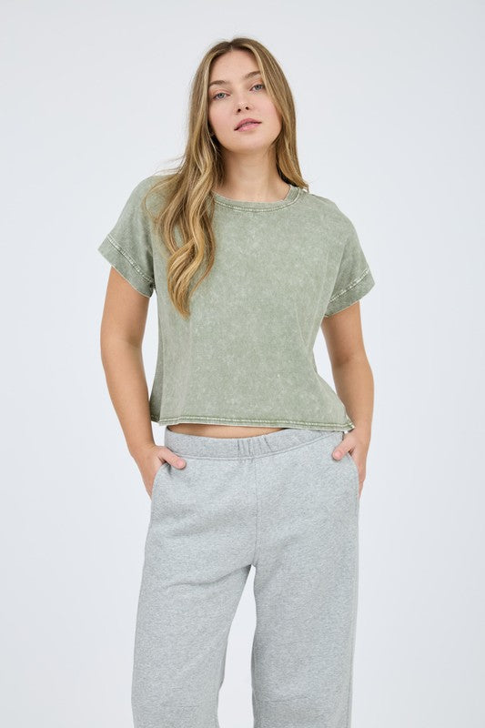 Round neck Acid Wash Crop Tee – Sage