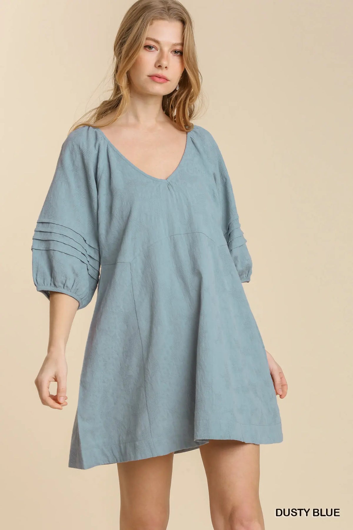 Dusty Blue Textured V-Neck Dress | Modern Grace Boutique
