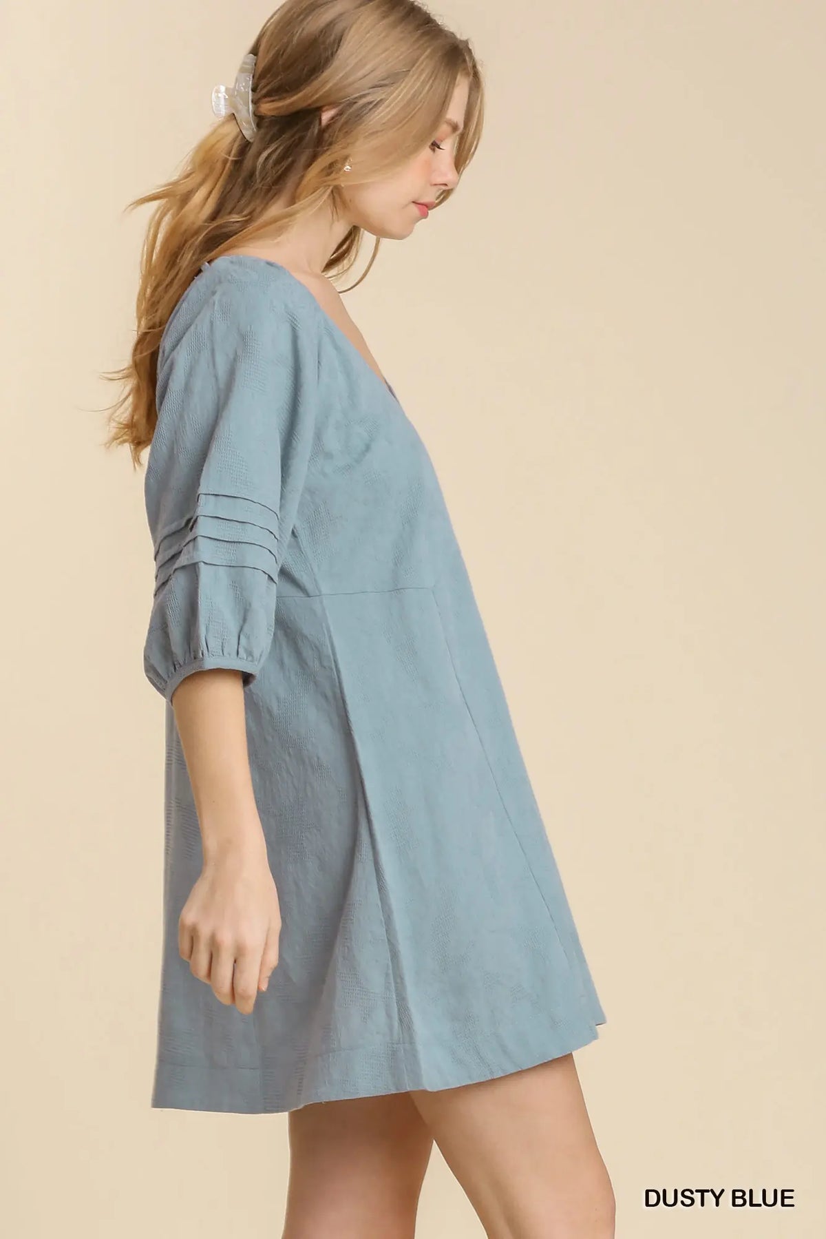 Dusty Blue Textured V-Neck Dress | Modern Grace Boutique