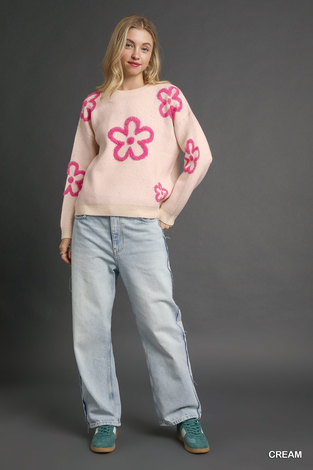 Knit Sweater with Pink Floral Accents