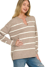 Split Neck Striped Sweater