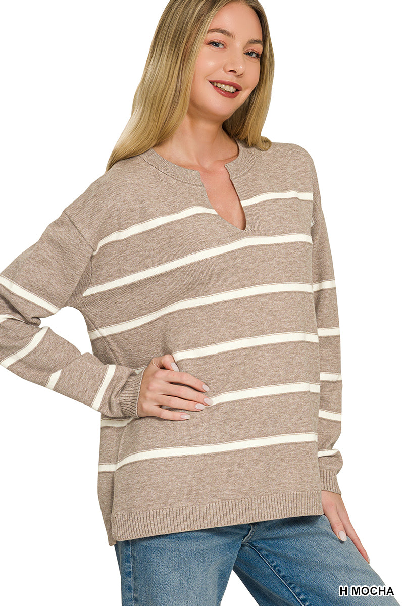 Split Neck Striped Sweater