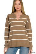 Mocha Split Neck Striped Sweater
