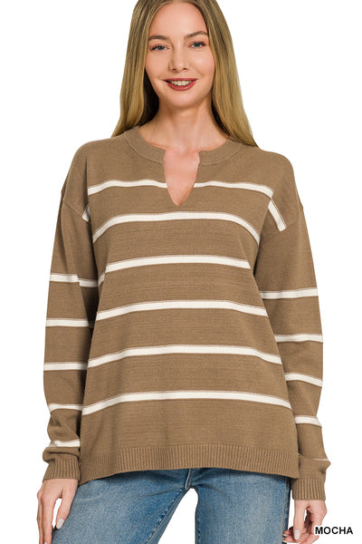 Mocha Split Neck Striped Sweater