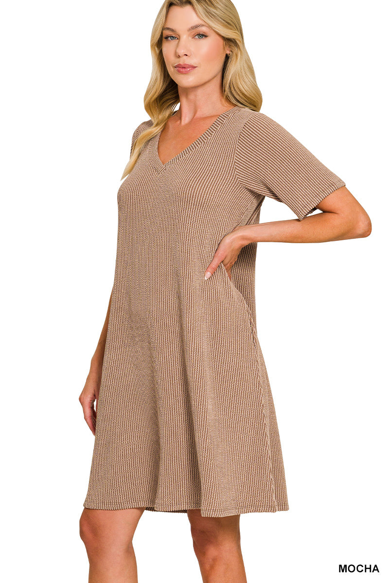 Ribbed V-Neck A-Line Dress w/Pockets Mocha