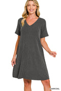 Ribbed V-Neck A-Line Dress w/Pockets Charcoal