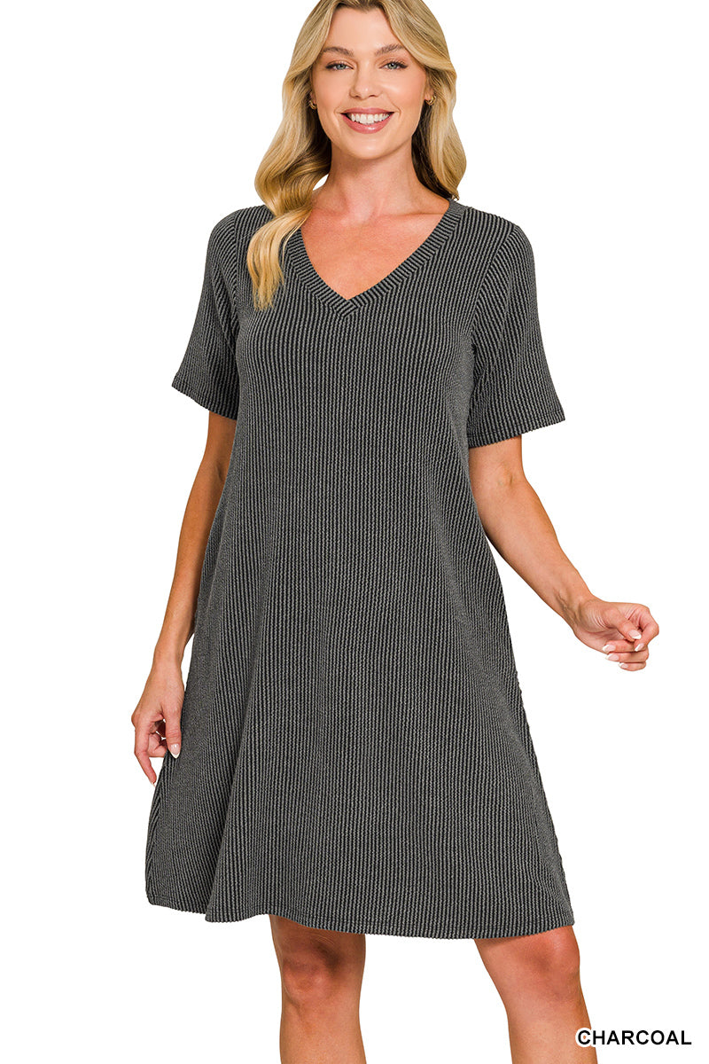 Ribbed V-Neck A-Line Dress w/Pockets Charcoal