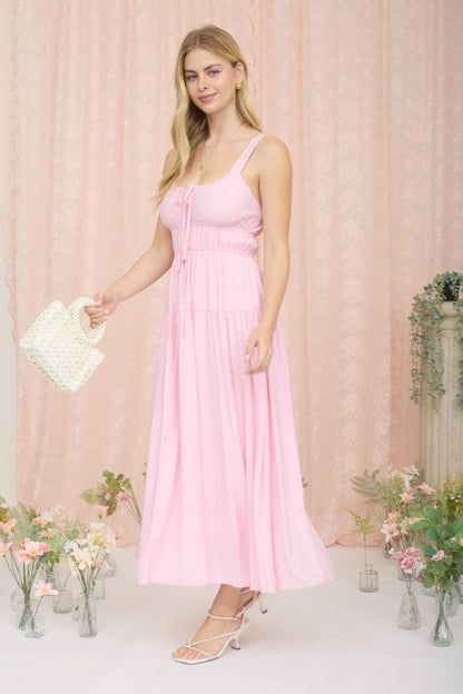 Pink Tiered Pleated Sleeveless Maxi Dress