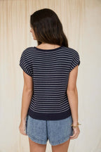 Navy Striped Scoop Neck Button Cardigan | Modern Grace Boutique