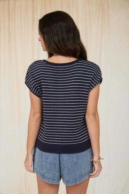 Navy Striped Scoop Neck Button Cardigan