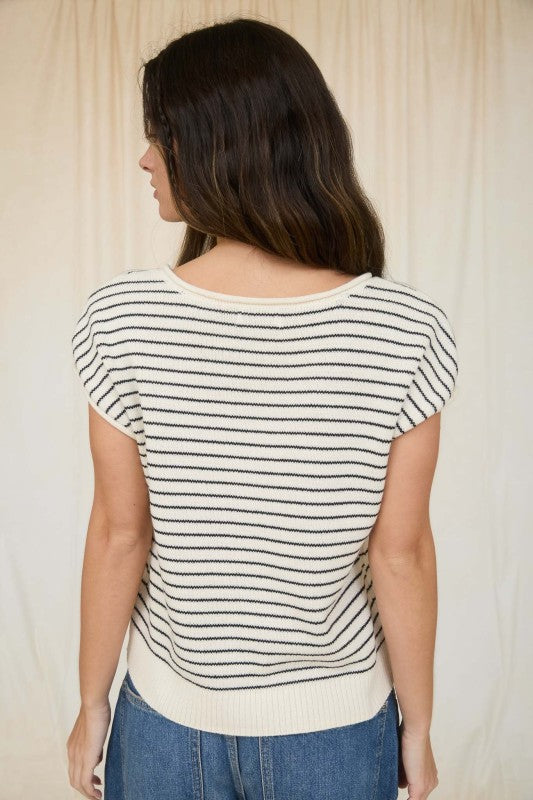Striped Button Up Knit Short Sleeve Top