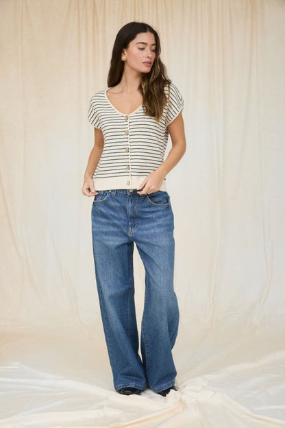 Striped Button Up Knit Short Sleeve Top
