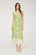 Green Leaf Print Midi Sundress with Ruffled Hem | Modern Grace Boutique
