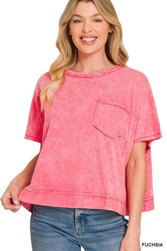 Fuchsia Pop Mineral Wash Pocket Tee