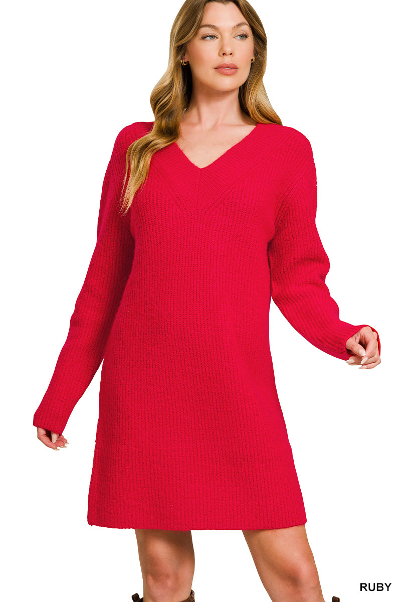 Wrapped in Grace Vneck Sweater Dress - Ruby