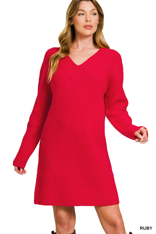 Wrapped in Grace Vneck Sweater Dress - Ruby